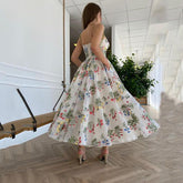 Bohemian Floral Flower Embroidered Mesh Bodice Dress Formal Prom Gown